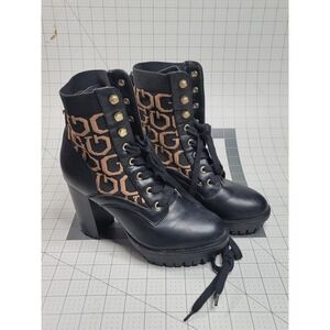 GUESS Women's GROWS R Logo Ankle Boots Platform Chunky Heel Black Brown Size 7.5